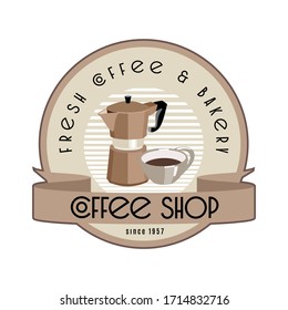 Coffee shop label design template. Emblem, logo, sticker elements for cafe and restaurant. Illustration in vintage style.