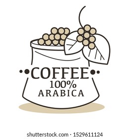 Coffee shop label, emblem. 100 arabica coffee plant in a sack full of organic fresh, raw fruits and branches, original natural form. Minimal graphic vector illustration on white background.