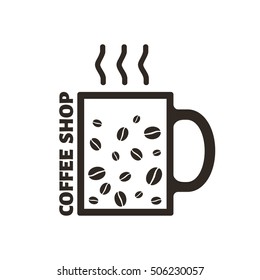 Coffee shop label, mug, coffee bean