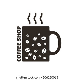 Coffee shop label, mug, coffee bean