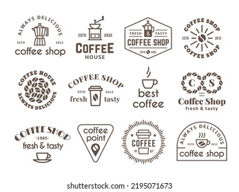 Coffee shop labels. Quality flavors rustic badges. Hot drinks cafe symbol with beans and cups. Round logo and badges, espresso arabica tidy vector icons