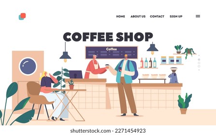 Landing Page Template des Coffee Shop. Kunden, die Getränke kaufen, Getränke trinken, die an Tischen in warmer Atmosphäre sitzen