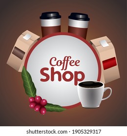 coffee shop lettering with pots and packing boxes in circular frame vector illustration design