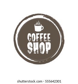 Coffee Shop Letters and Cup. Grunge circle background. Vector illustration