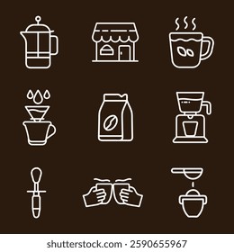 Coffee Shop Line Art Icon Set Coffee Maker and equipment used in coffee preparation