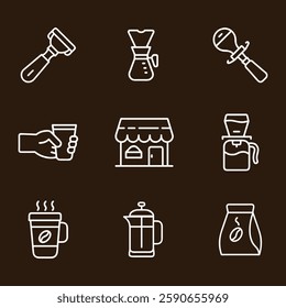 Coffee Shop Line Art Icon Set Coffee Maker and equipment used in coffee preparation