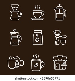 Coffee Shop Line Art Icon Set Coffee Maker and equipment used in coffee preparation