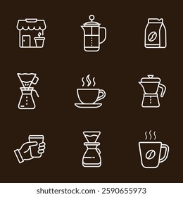 Coffee Shop Line Art Icon Set Coffee Maker and equipment used in coffee preparation