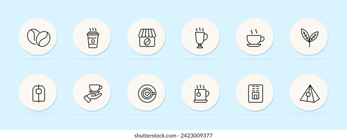 Coffee shop line icon. Cozy, interior, rustic decor, specialty coffees, pastries, atmosphere. Pastel color background. Vector line icon for business and advertising