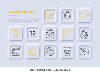 Coffee shop line icon. Coffee machine, roaster, kettle, cold brew, cappuccino, coffee pot. Neomorphism steyle. Vector line icon