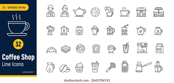 Coffee Shop line icon set, Coffee and Tea, editable stroke, pixel perfect, isolated on a white background