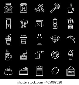 Coffee shop line icons on black background, stock vector