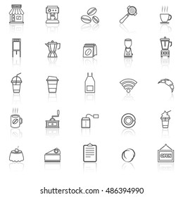 Coffee shop line icons with reflect on white background, stock vector