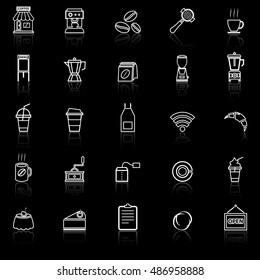 Coffee shop line icons with reflect on black background, stock vector