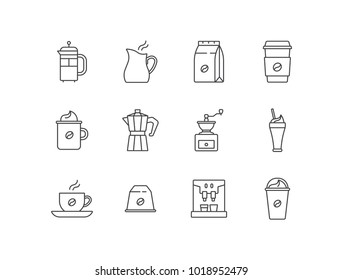 Coffee shop line icons set with French press, milk jar, paper pack, takeaway cup, hot chocolate, moka pot, grinder, cocktail, capsule, coffee machine, cappuccino.