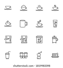 Coffee shop line icons set, outline vector symbol collection, linear style pictogram pack. Signs, logo illustration. Set includes icons as french press, coffee machine, tea cup, cold water glass, cake