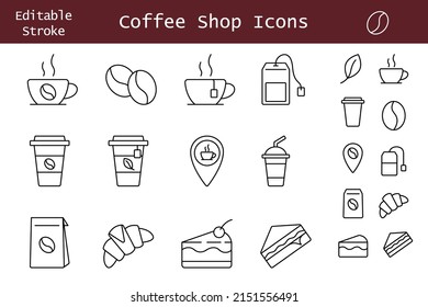 Coffee shop line icons set. Simple pictograms for mobile app UI. Tea and coffee cups icons pack for web and print