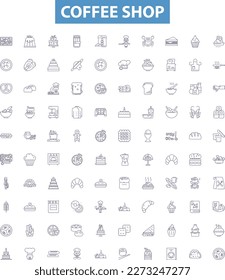 Coffee shop line icons, signs set. Cafe, Espresso, Latte, Coffee, Java, Mocha, Colombian, Frappe, Cappuccino outline vector illustrations.