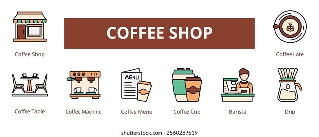 Coffee Shop Lineal Color Banner Web Icon Set Vector Illustration