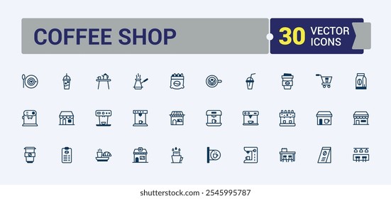 Coffee Shop linear icon collection. Featuring machine, cafe, milk, breakfast, bean, shop, tea. Modern thin icons. Solid line editable stroke.