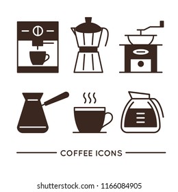 Coffee shop linear icons set. Traditional turkish black coffee and natural espresso. Coffee house equipment symbols. Cafe and restaurant menu design elements. Hot drinks outline vector pictograms.