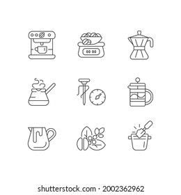 Coffee shop linear icons set. Moka pot. Turkish cezve for brewing drink. Milk pitcher for baristas. Customizable thin line contour symbols. Isolated vector outline illustrations. Editable stroke