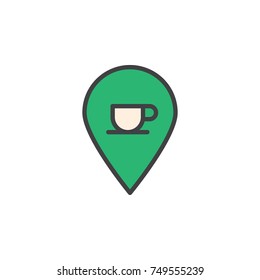 Coffee shop location with coffee cup filled outline icon, line vector sign, linear colorful pictogram isolated on white. Symbol, logo illustration. Pixel perfect vector graphics