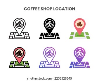 Coffee Shop Location icons vector illustration set line, flat, glyph, outline color gradient. Great for web, app, presentation and more. Editable stroke and pixel perfect.