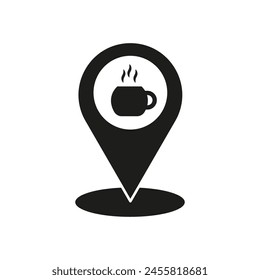 Coffee shop location pin. Hot beverage map marker. Vector cafe GPS icon.