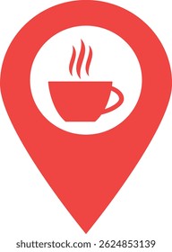 Coffee shop location pin icon in trendy style . Map pointer with hot coffee cup icon . Vector illustration