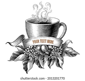 Coffee shop lodo design hand draw vintage engraving style black and white clip art isolated on white background