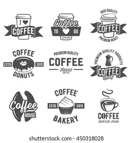 Coffee shop logo, badges, labels and design elements vintage vector set. Hipster and retro style. 