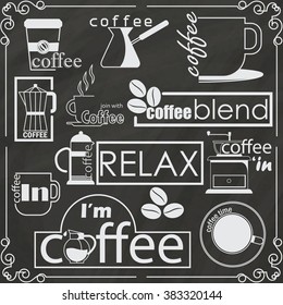 Coffee Shop Logo Banner Drawing On Chalkboard In Vector Style