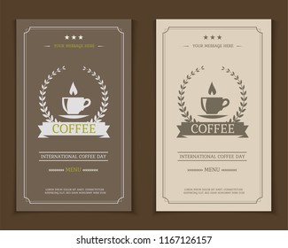 Coffee shop logo, card and menu design vector brochure template. Coffee cup silhouette. Decorative vector background.