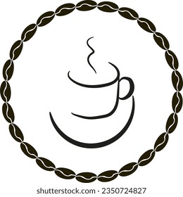 Coffee shop logo - cofee beans frame and a cup. Vector illustration isolated