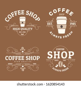 Coffee Shop Logo collection, Badges and Labels Design Elements set. Cup, beans, cafe vintage style objects retro vector illustration.