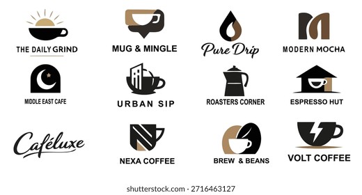 Coffee Shop Logo-Kollektion mit minimalistischen Café-Emblemen. Modernes Branding-Kit für Röster, Espressobars und Kaffeehäuser mit Bechern, Bohnen und kreativer Typografie
