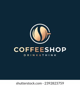 Coffee Shop Logo With Coffee Cup And Coffee Bean On Dark Back