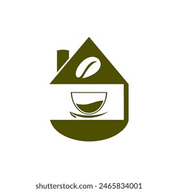 
Logotipo de la cafetería, taza de café, granos de café, hecho en la forma de una casa, que simboliza un lugar cómodo para descansar, logotipo plano de la Plantilla de Vector.