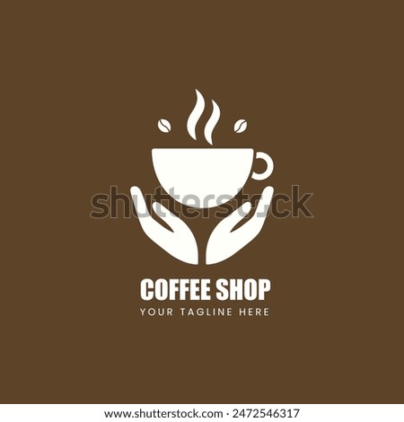 Coffee shop logo. Coffee cup and hand logo design. Coffee Cup with abstract smoke. Coffee shop logo design vector