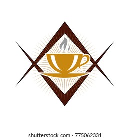Coffee shop logo with cup, smoke and background flare of light. Vintage style objects retro vector illustration.