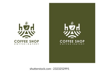 Coffee shop logo. Coffee cup, table, chairs, coffee beans and coffee leaves in line. flat vector template line logo.