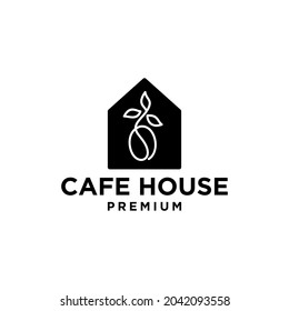 Coffee shop logo design concept, coffee bean and branch leaves with house Illustration
