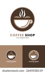 Coffee shop logo design with a cup of hot coffee inside a circle vector template