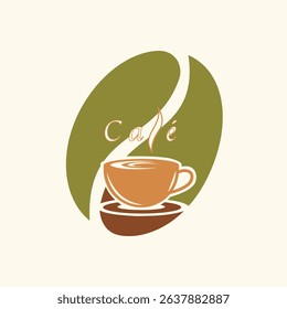 Coffee shop logo design featuring a steaming cup in front of a stylized green coffee bean, ideal for cafés, beverage branding, product labels, or organic coffee marketing.
