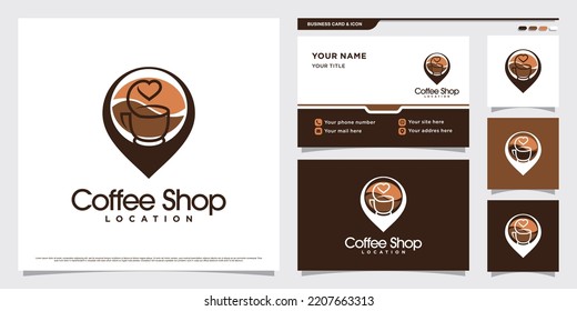 Coffee shop logo design illustration with location point icon and business card template