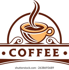 Coffee shop logo design steaming cup brown orange