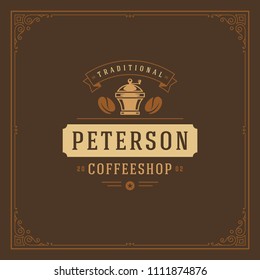 Coffee shop logo design template vector illustration. Grinder silhouette, good for cafeteria signage and cafe badge. Retro typography emblem.