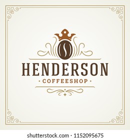Coffee shop logo design template vector illustration. Bean silhouette, good for cafeteria signage and cafe badge. Retro typography emblem.