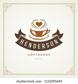 Coffee shop logo design template vector illustration. Cup silhouette, good for cafeteria signage and cafe badge. Retro typography emblem.